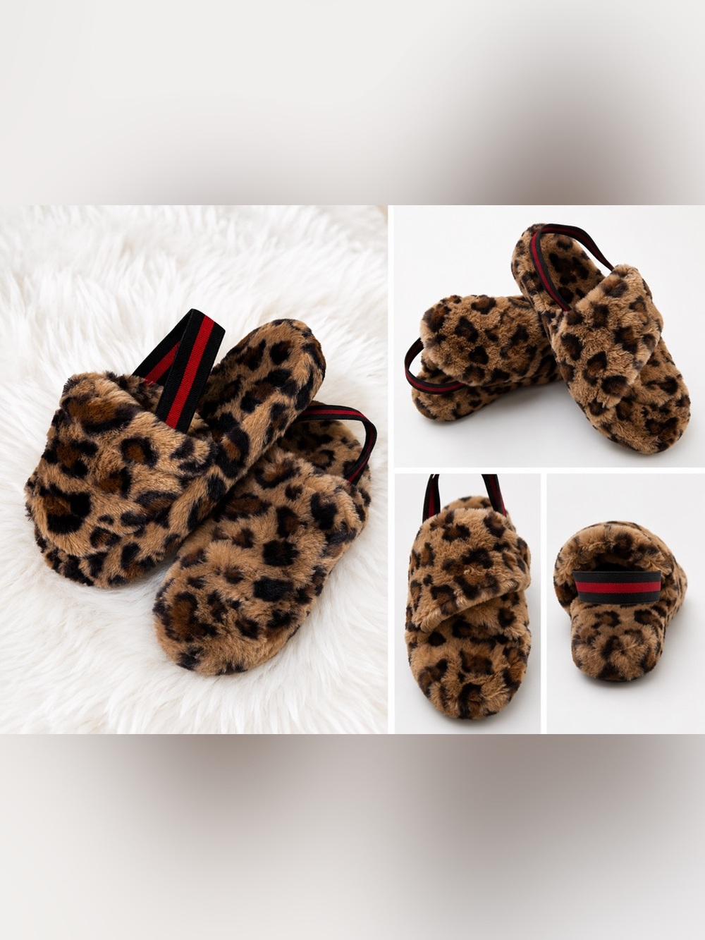 Fuzzy Leopard Print Slide Sandals with Red-Black Straps